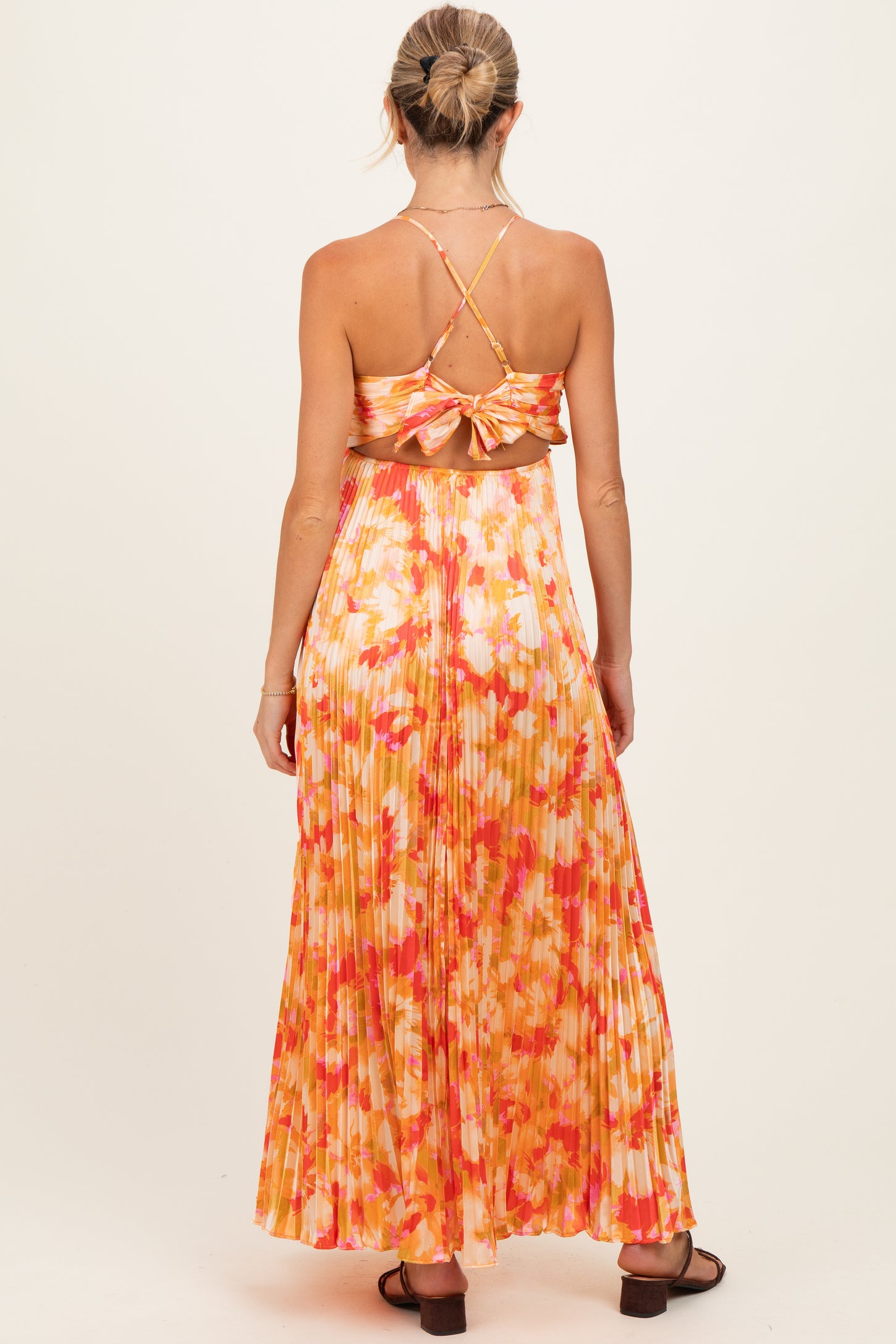 Orange Floral Pleated Sleeveless Maternity Maxi Dress