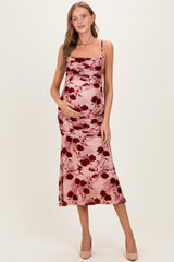 Pink Rose Floral Mesh Ruched Maternity Midi Dress