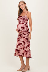 Pink Rose Floral Mesh Ruched Maternity Midi Dress
