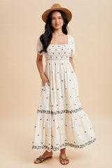 Buttercream Smocked Embroidered Floral Maxi Dress