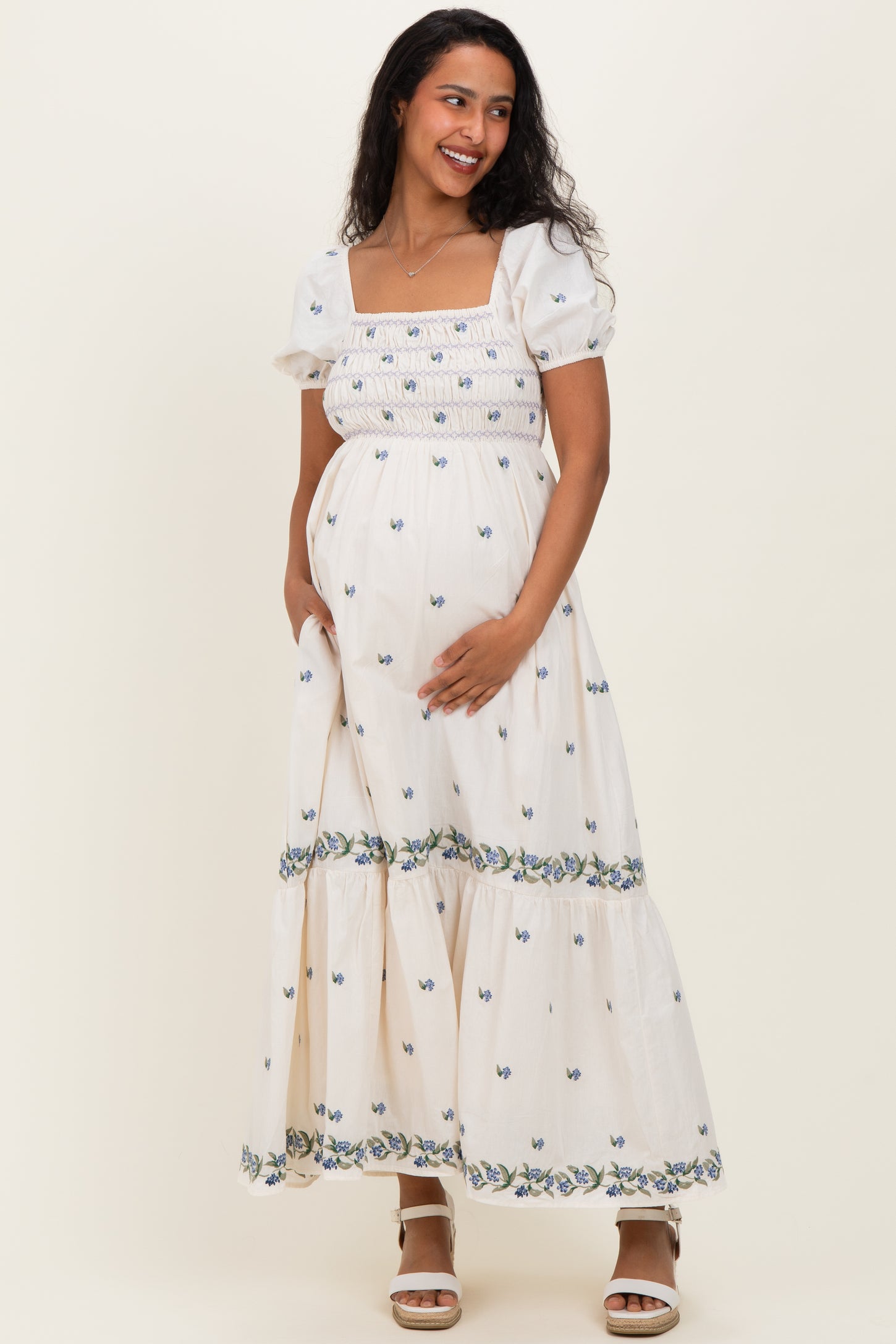 Buttercream Smocked Embroidered Floral Maternity Maxi Dress PinkBlush Buttercream Smocked Embroidered Floral Maternity Maxi Dress PinkBlush