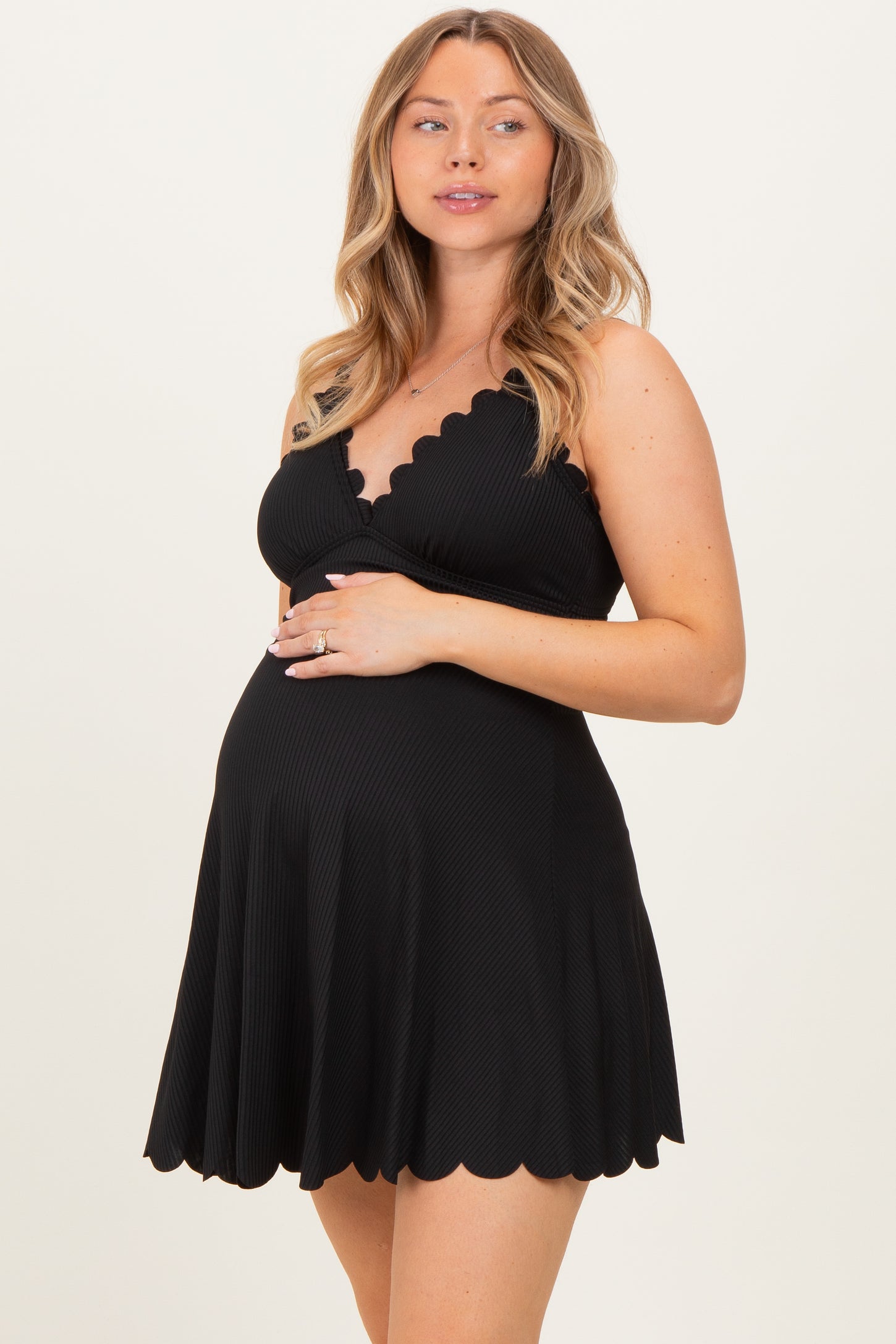 Black Ribbed Scallop Hem Maternity Swim Dress