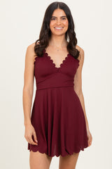 Dark Burgundy Ribbed Scallop Hem Swim Dress