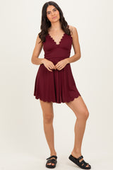 Dark Burgundy Ribbed Scallop Hem Maternity Swim Dress