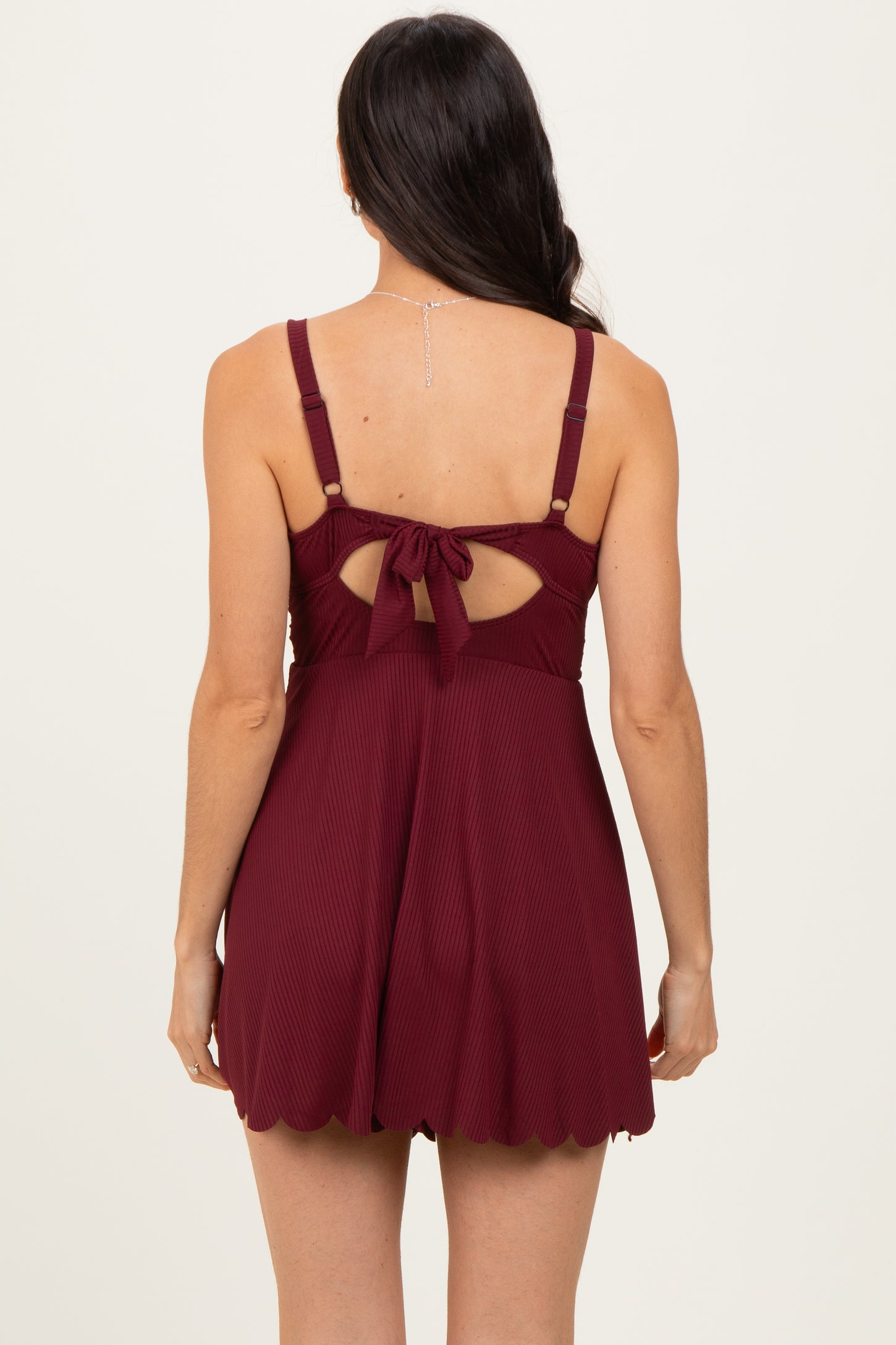 Dark Burgundy Ribbed Scallop Hem Swim Dress