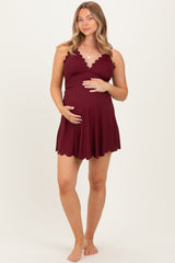 Dark Burgundy Ribbed Scallop Hem Maternity Swim Dress