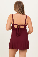 Dark Burgundy Ribbed Scallop Hem Maternity Swim Dress