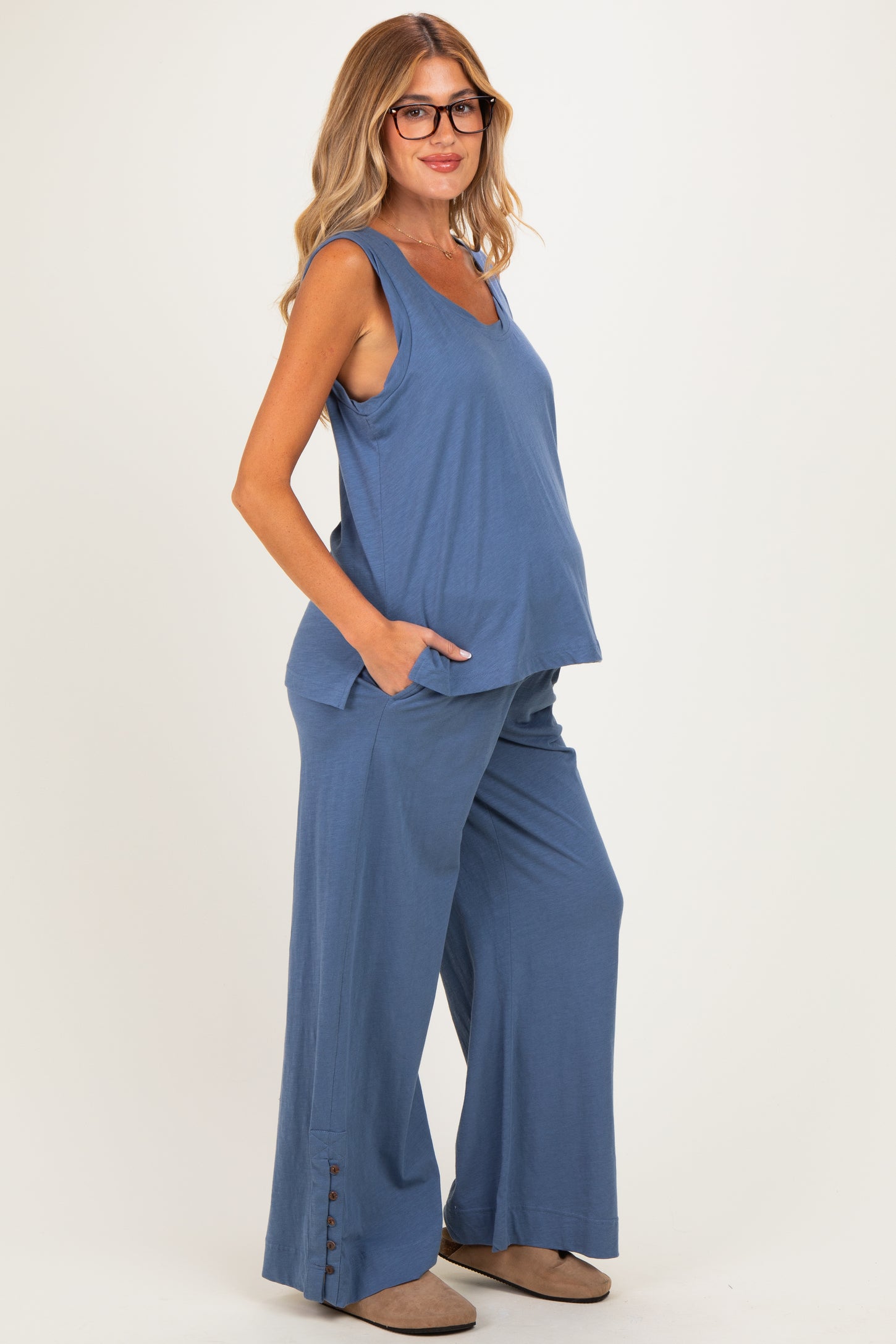 Blue Button Detail Tank Wide Leg Pant Maternity Set