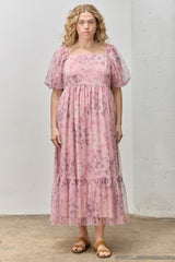 Pink Floral Printed Tulle Puff Sleeve Plus Midi Dress