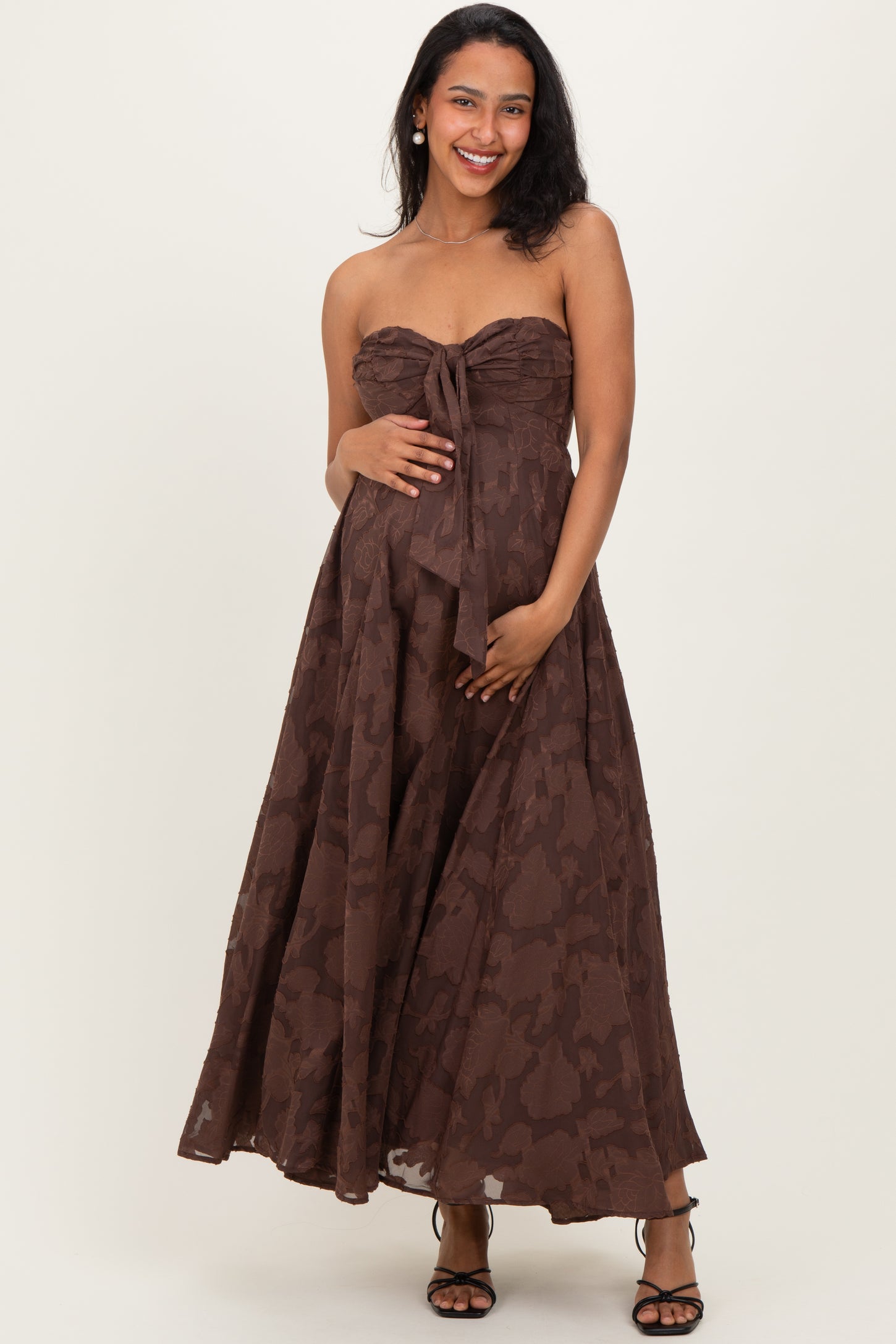 Brown Floral Jacquard Strapless Open Back Maternity Maxi Dress – PinkBlush