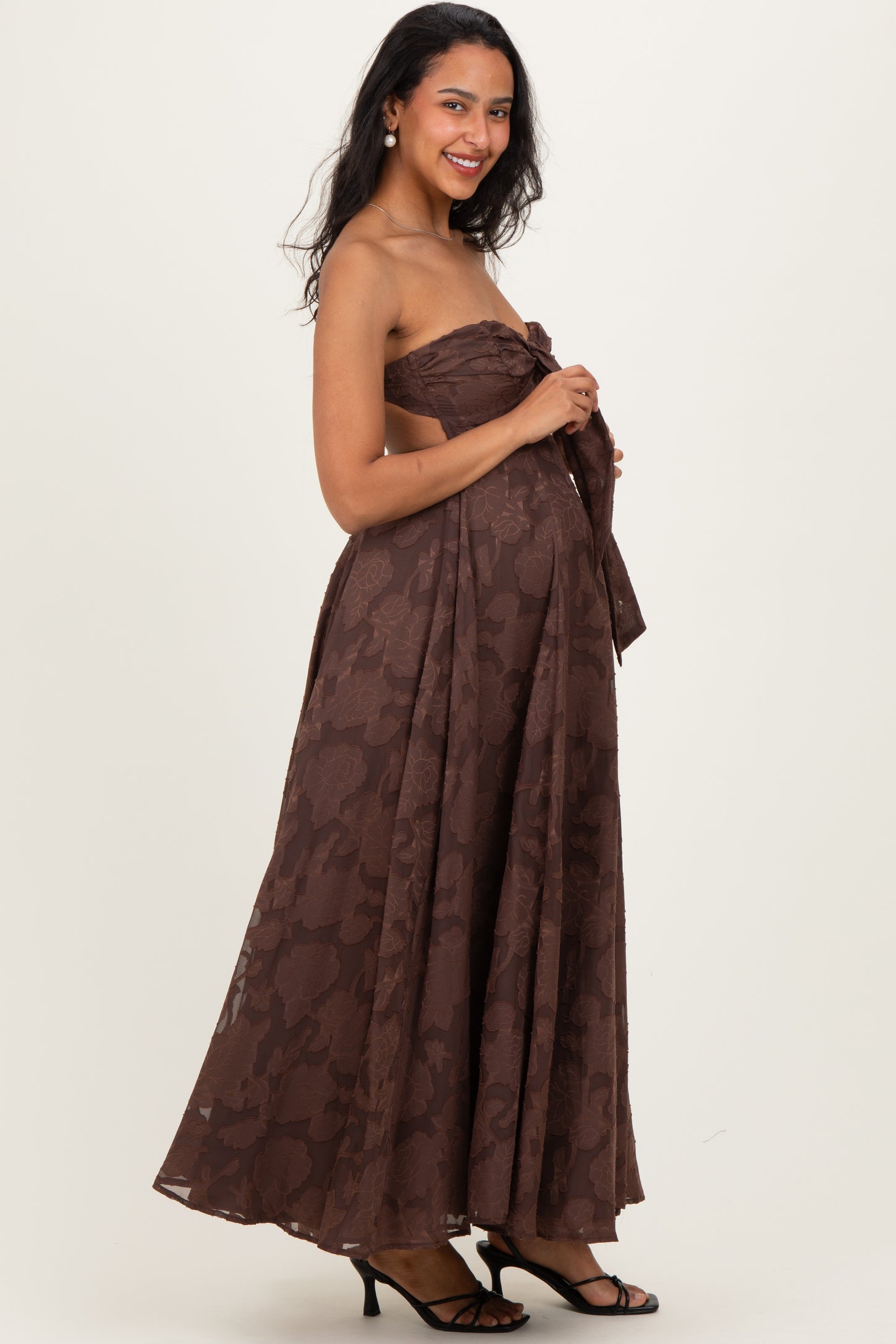 Brown Floral Jacquard Strapless Open Back Maternity Maxi Dress – PinkBlush