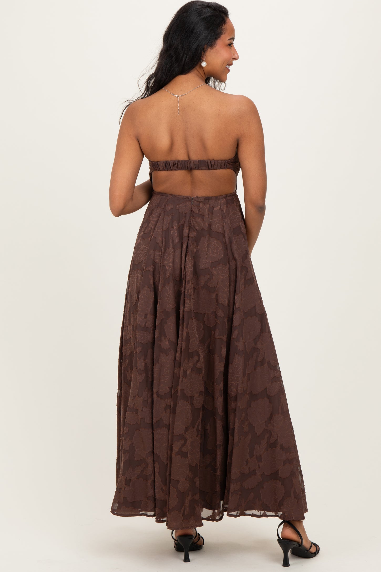 fitted lace wedding dress Brown Floral Jacquard Strapless Open Back Maternity Maxi Dress – PinkBlush