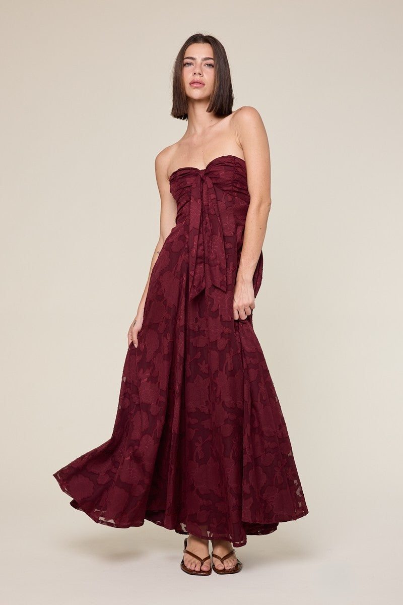 Wine Floral Jacquard Strapless Open Back Maxi Dress PinkBlush Wine Floral Jacquard Strapless Open Back Maxi Dress PinkBlush