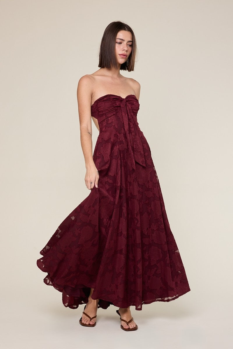 Wine Floral Jacquard Strapless Open Back Maxi Dress