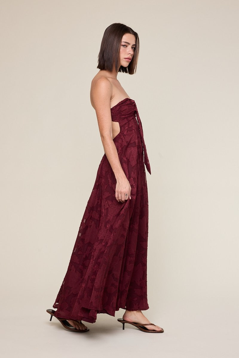 Wine Floral Jacquard Strapless Open Back Maxi Dress