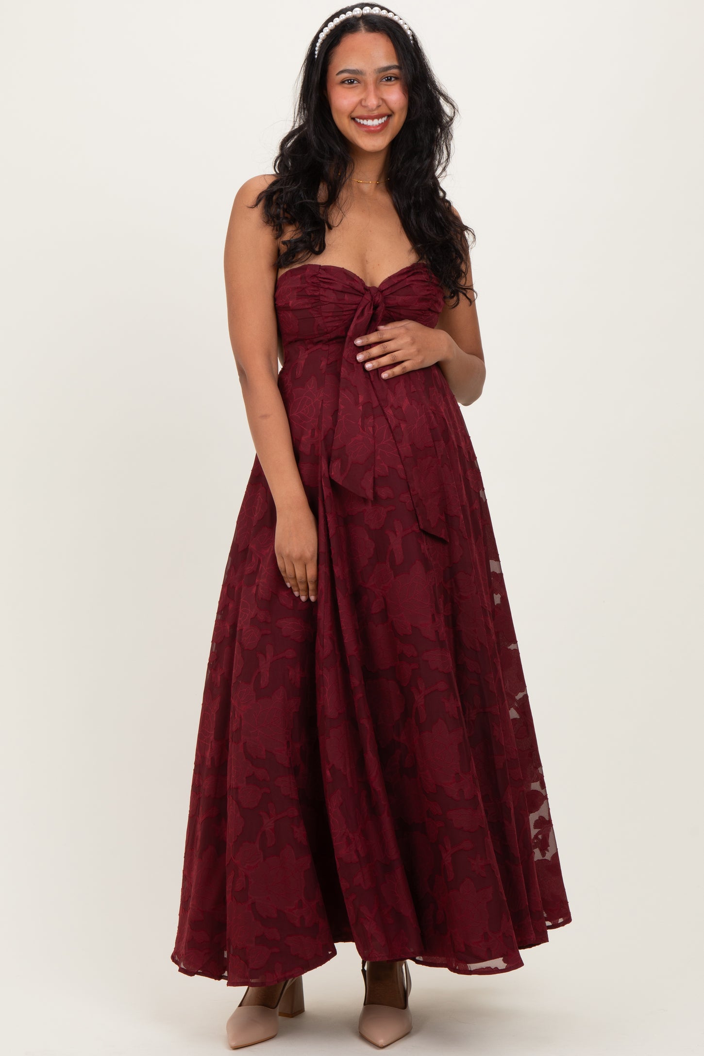 Wine Floral Jacquard Strapless Open Back Maternity Maxi Dress