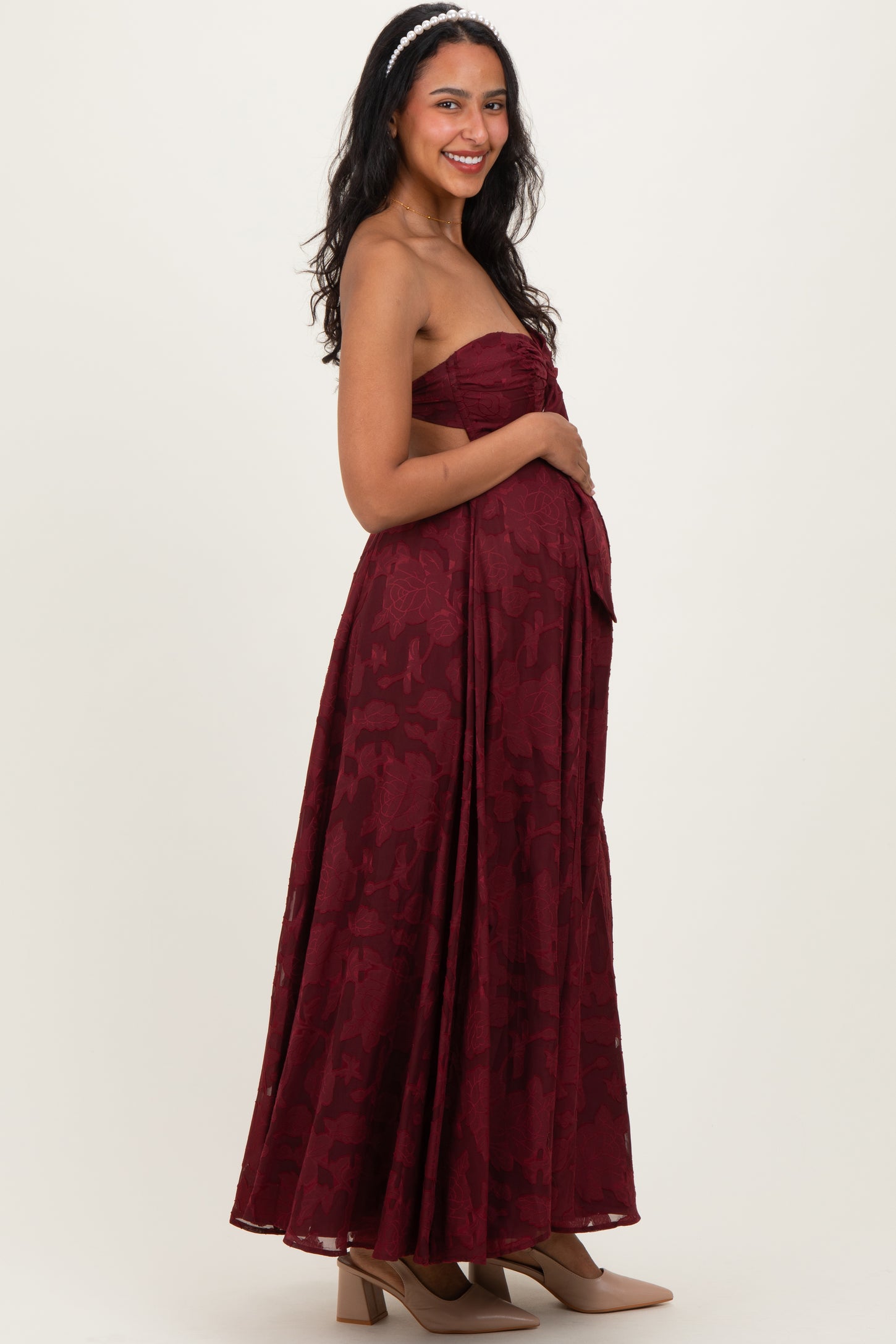 Wine Floral Jacquard Strapless Open Back Maternity Maxi Dress