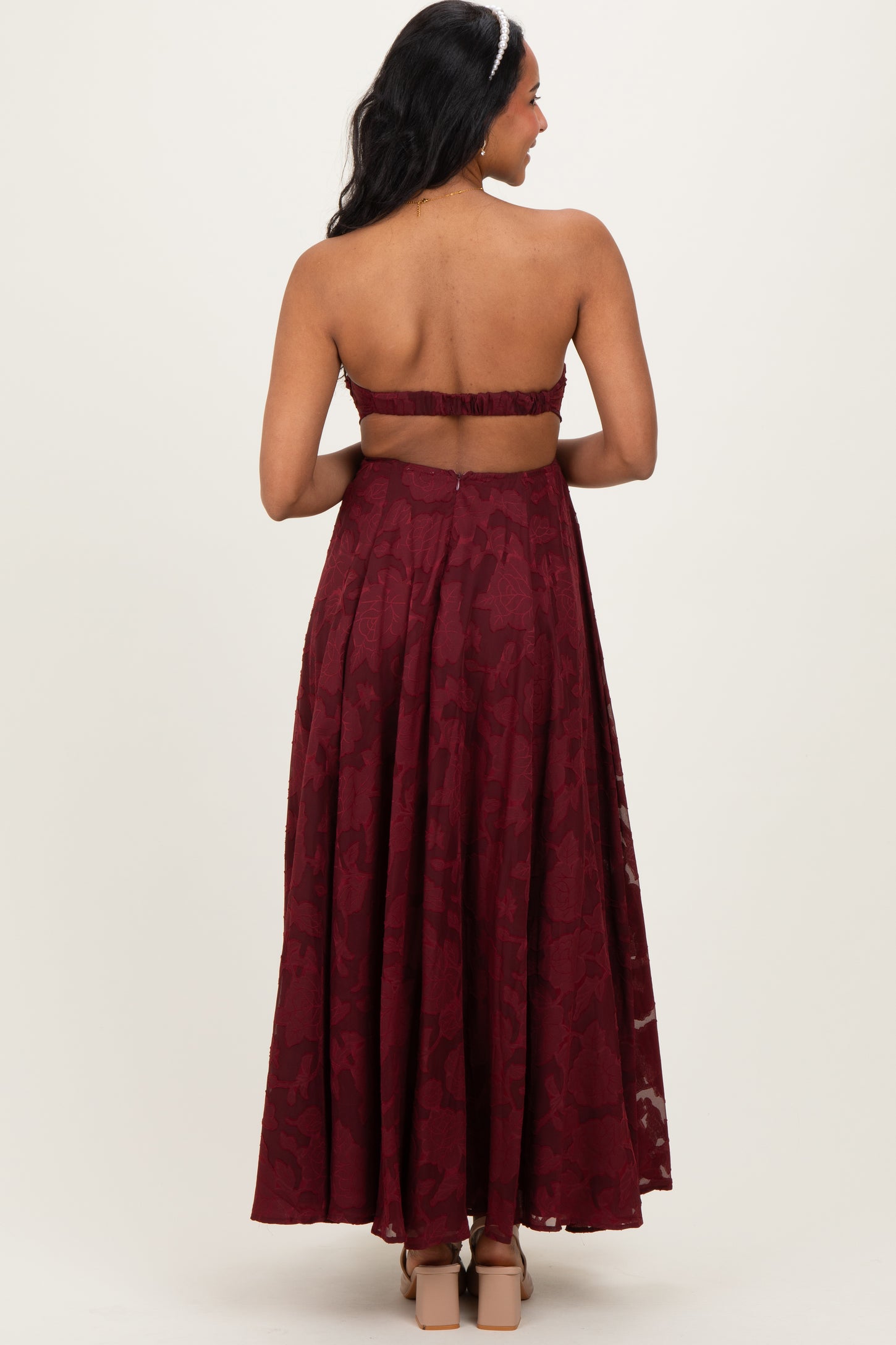 Wine Floral Jacquard Strapless Open Back Maternity Maxi Dress PinkBlush Wine Floral Jacquard Strapless Open Back Maternity Maxi Dress PinkBlush