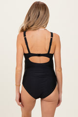 Black Ruched Deep V-Neck Maternity One Piece Swimsuit
