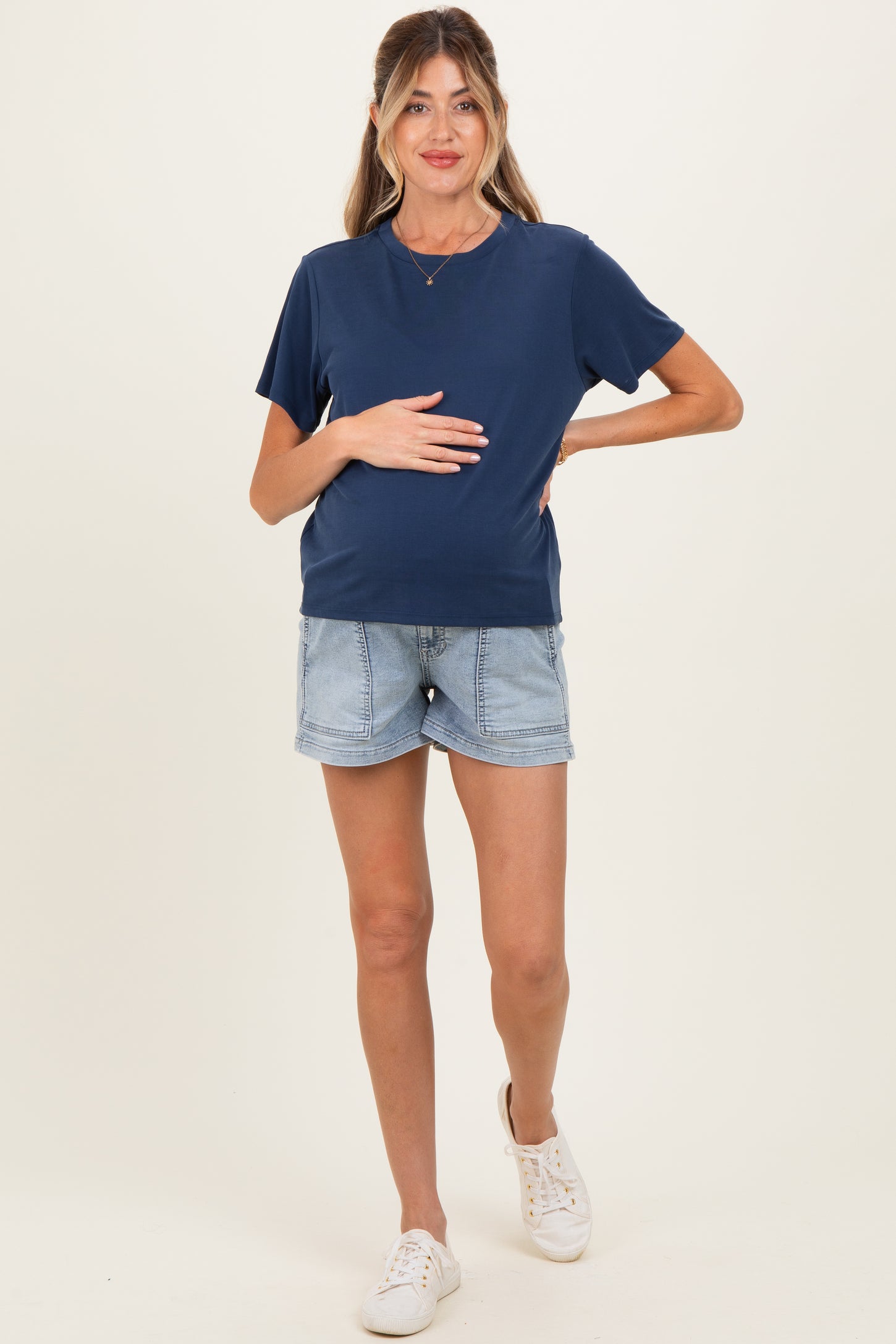Light Denim Pull On Patch Pocket Maternity Denim Shorts