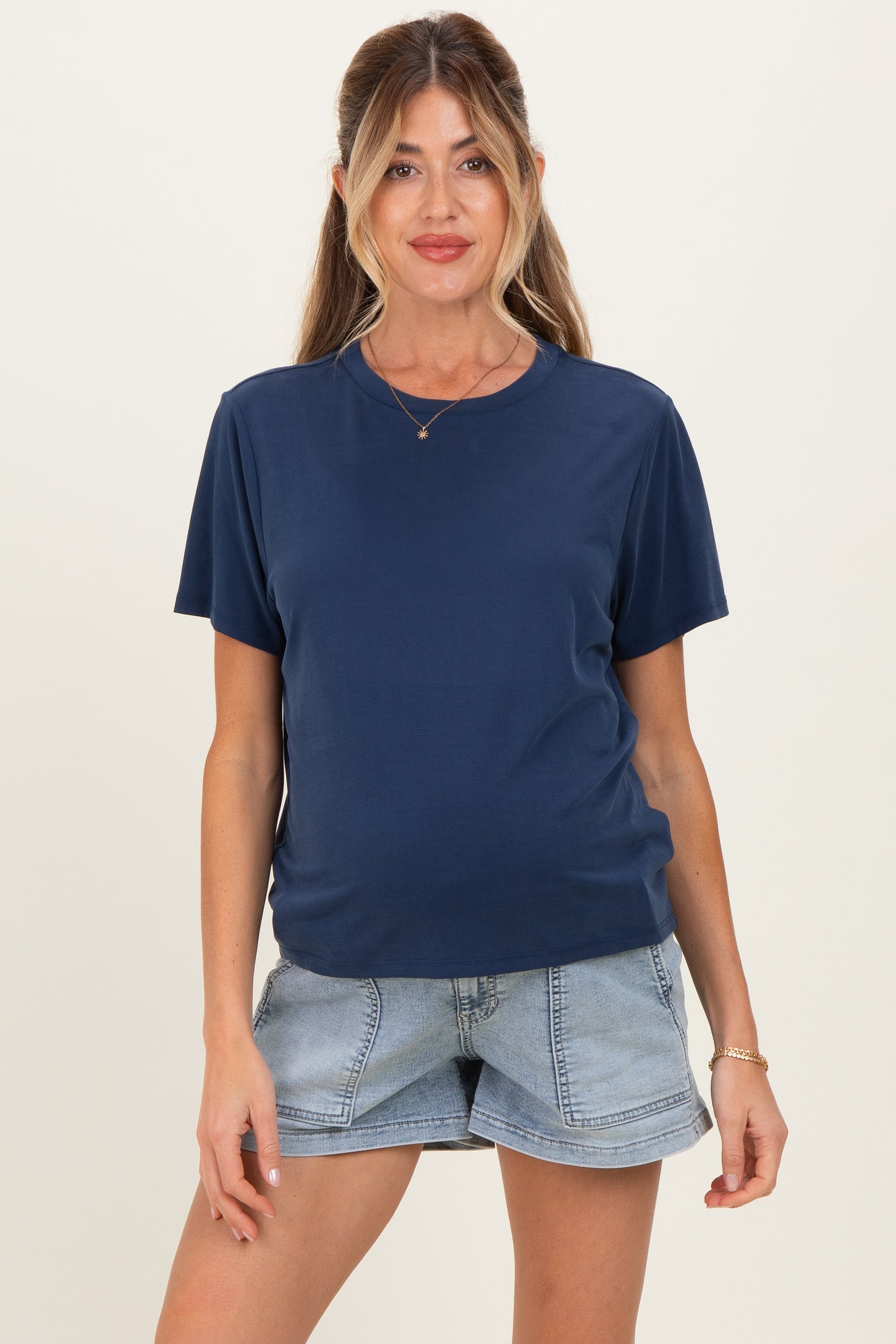 Light Denim Pull On Patch Pocket Maternity Denim Shorts