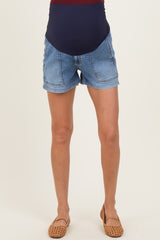 Medium Denim Pull On Patch Pocket Maternity Denim Shorts