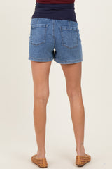 Medium Denim Pull On Patch Pocket Maternity Denim Shorts