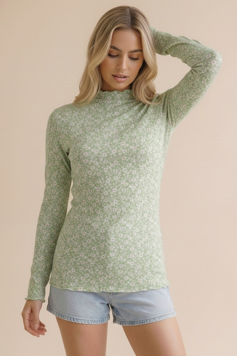 Sage Long Sleeve Floral Print Top