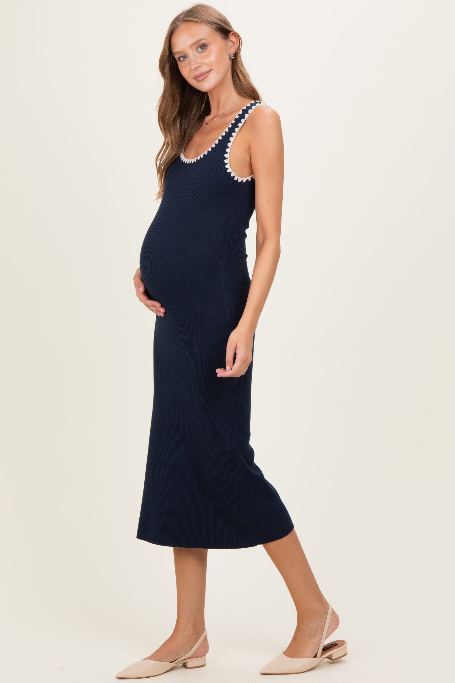 Navy Contrast Stitch Detail Ribbed Maternity Sweater Dress