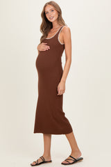 Brown Contrast Stitch Detail Ribbed Maternity Sweater Dress