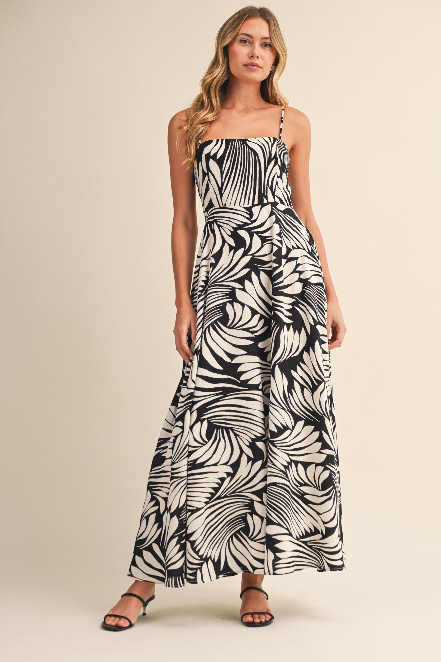 Black Printed Linen A-Line Midi Dress