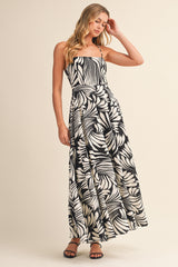Black Printed Linen A-Line Midi Dress