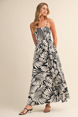 Black Printed Linen A-Line Midi Dress