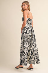 Black Printed Linen A-Line Midi Dress