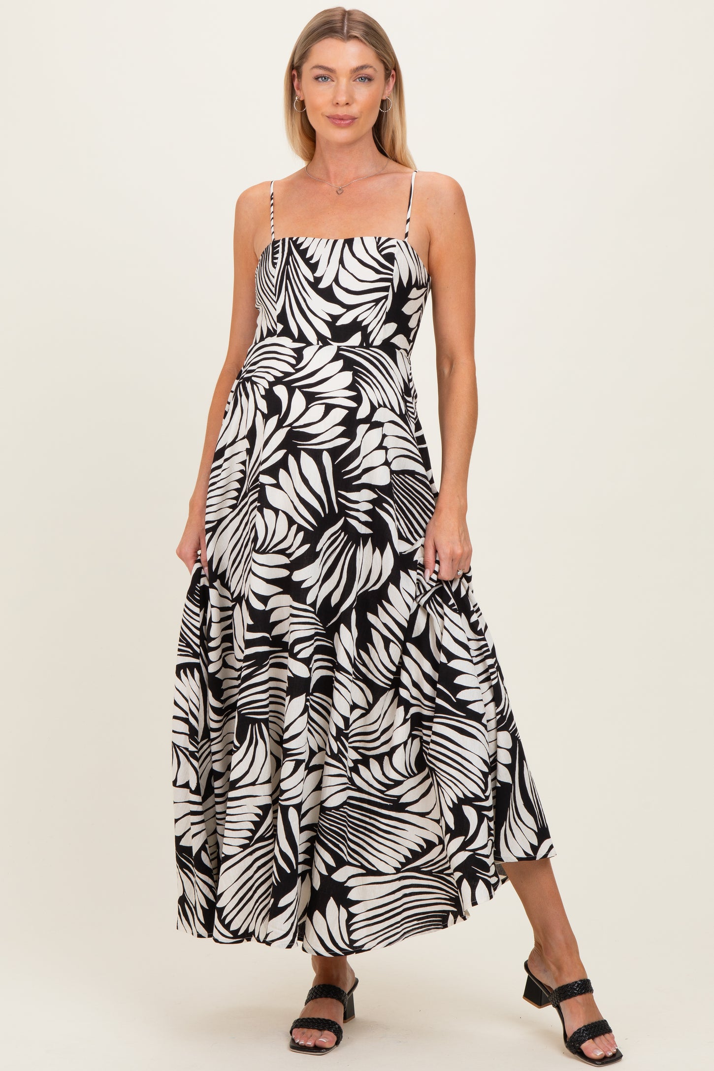 Black Printed Linen A-Line Maternity Midi Dress PinkBlush Black Printed Linen A-Line Maternity Midi Dress PinkBlush