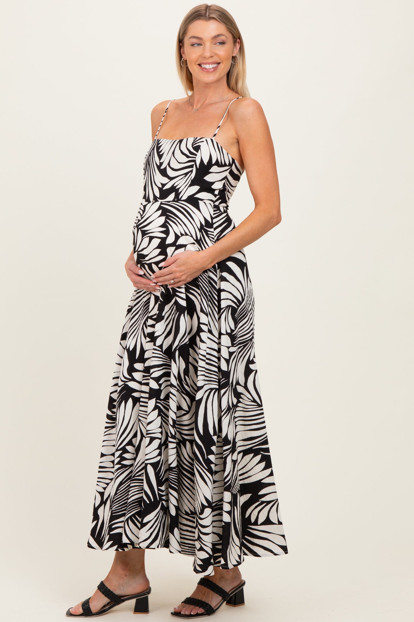 Black Printed Linen A-Line Maternity Midi Dress PinkBlush Black Printed Linen A-Line Maternity Midi Dress PinkBlush