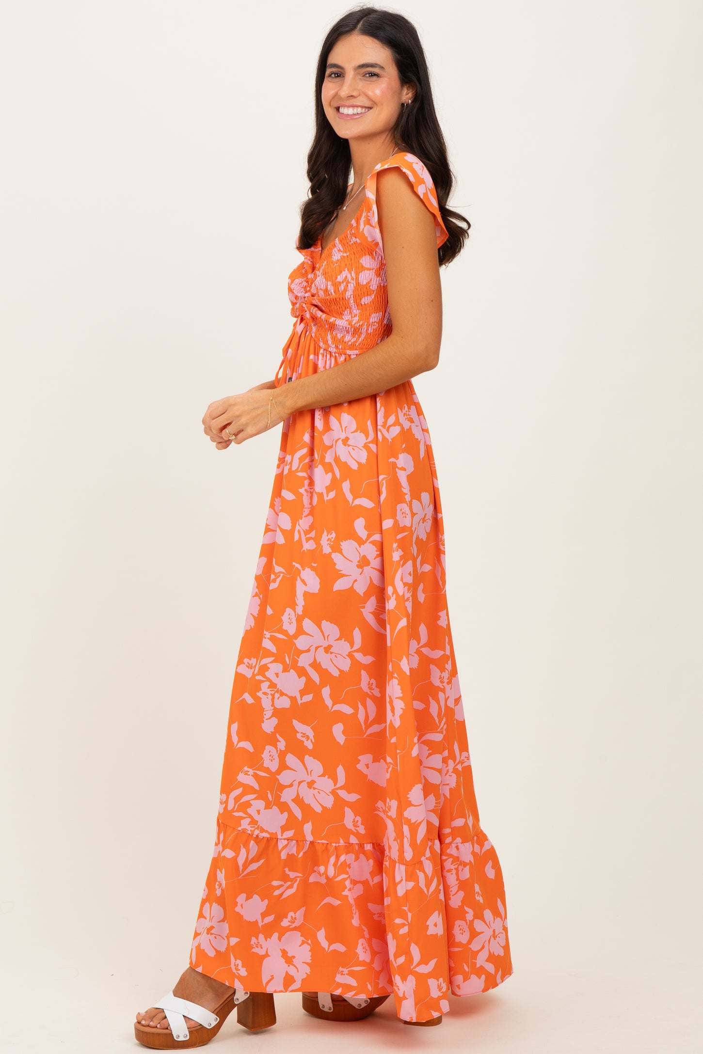 Orange Floral Smocked Cinched Top Maxi Dress