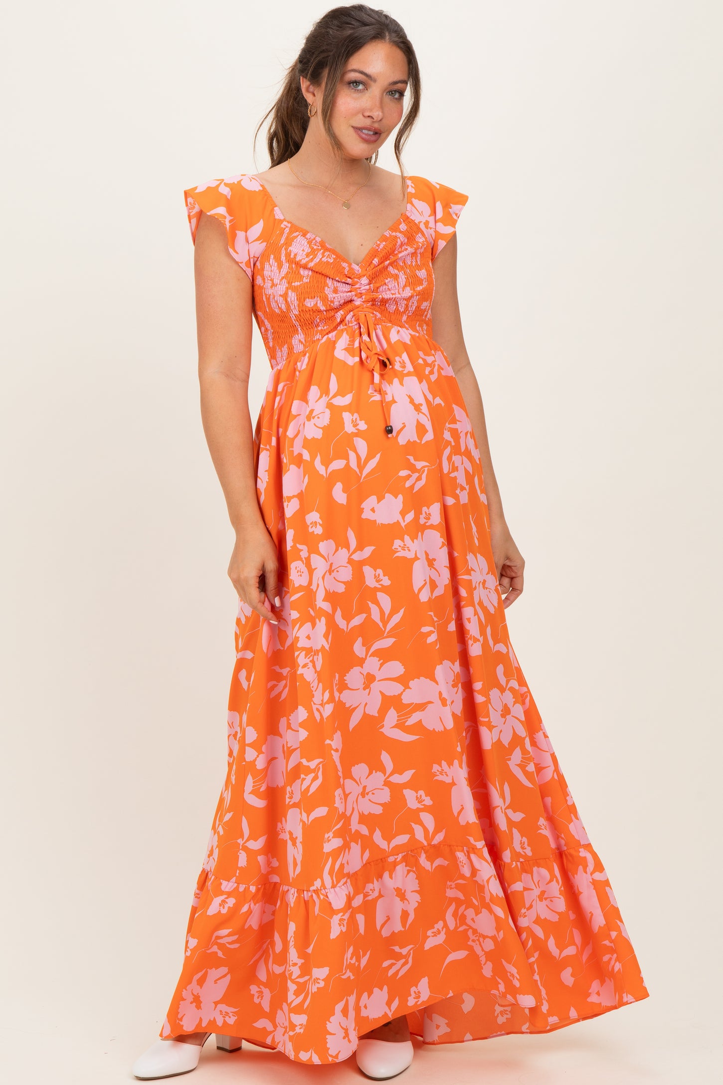 Orange Floral Smocked Cinched Top Maternity Maxi Dress