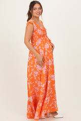 Orange Floral Smocked Cinched Top Maternity Maxi Dress