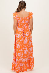 Orange Floral Smocked Cinched Top Maternity Maxi Dress