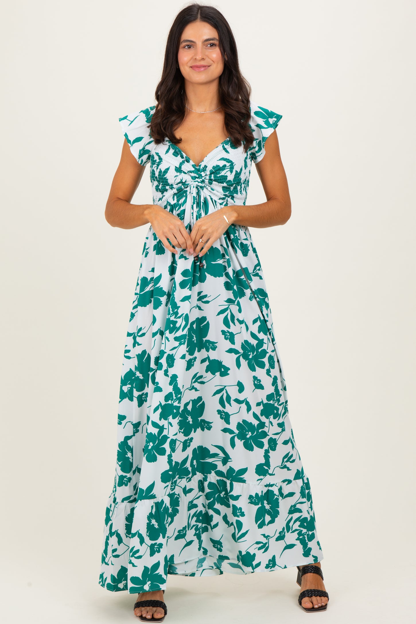 White Floral Smocked Cinched Top Maternity Maxi Dress