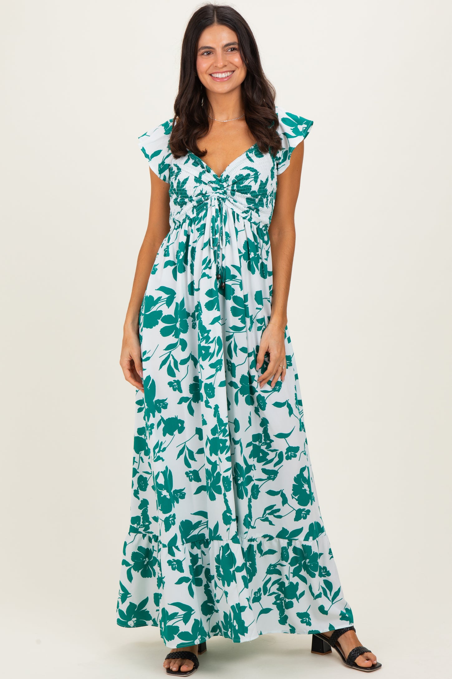 White Floral Smocked Cinched Top Maxi Dress