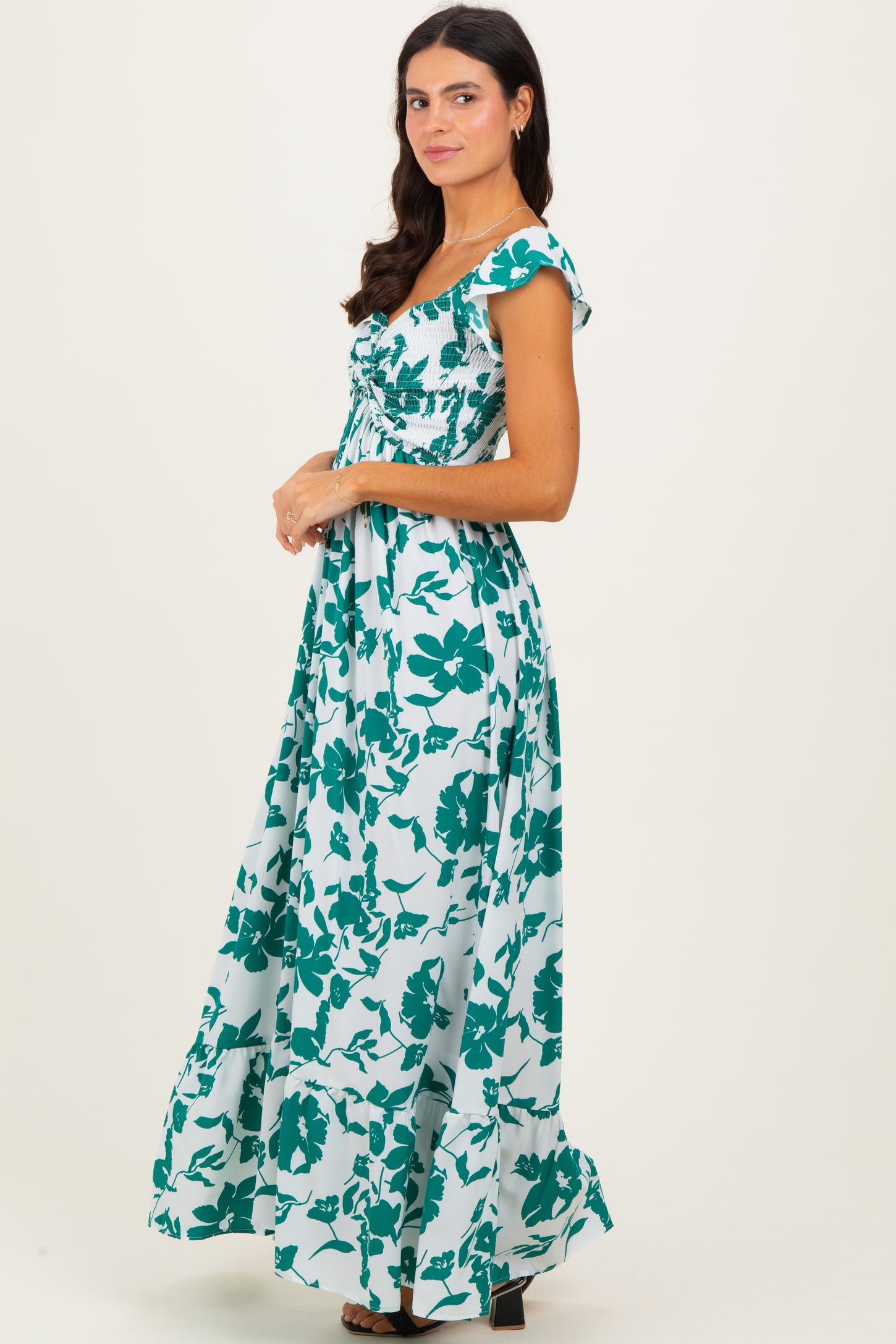 White Floral Smocked Cinched Top Maxi Dress