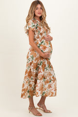 Mocha Floral Smocked Tiered Maternity Midi Dress