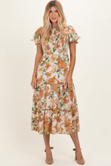 Mocha Floral Smocked Tiered Midi Dress