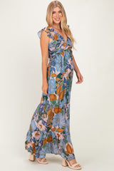 Blue Floral V-Neck Tiered Maxi Dress