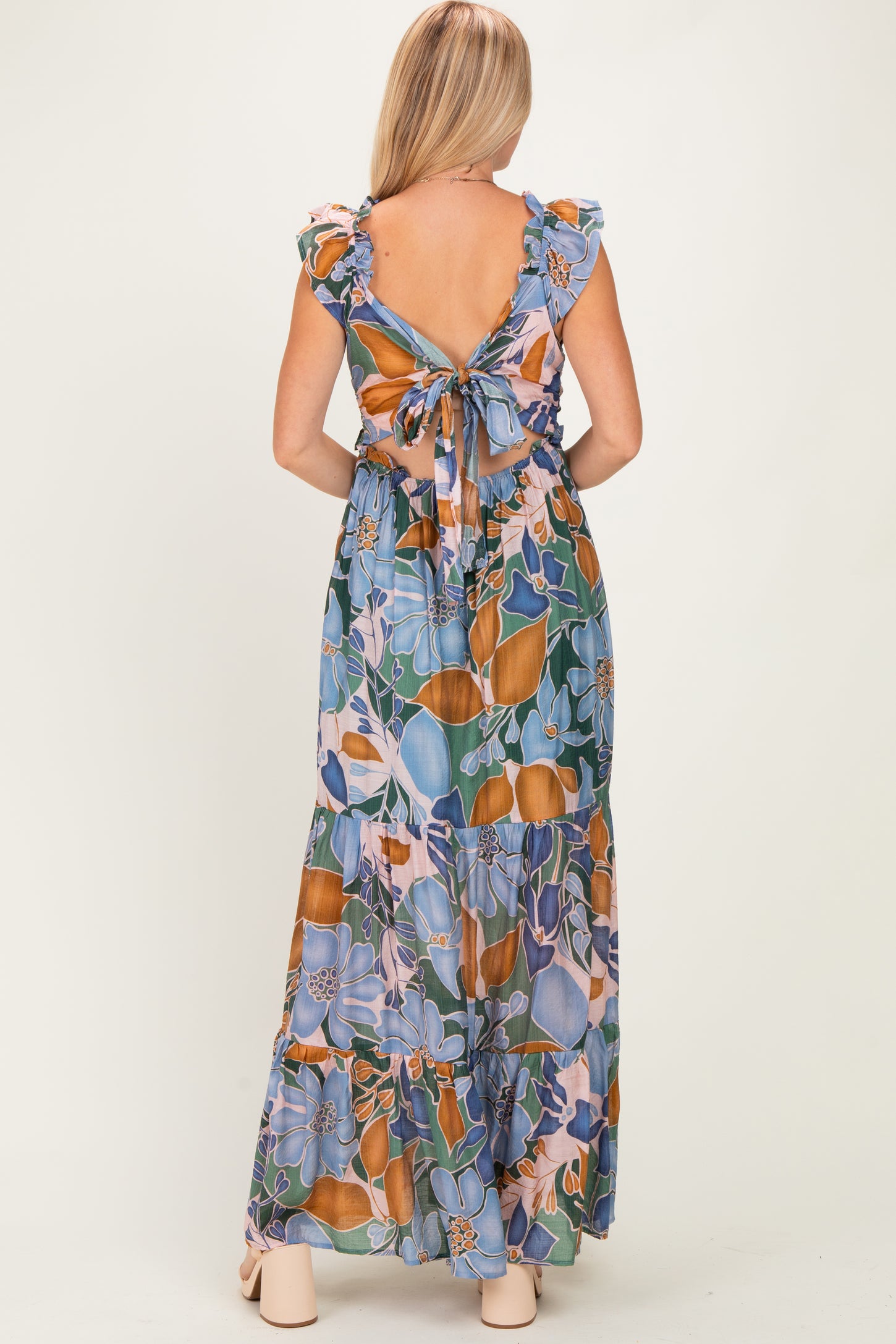 Blue Floral V-Neck Tiered Maxi Dress