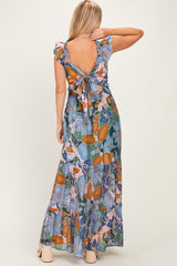 Blue Floral V-Neck Tiered Maxi Dress