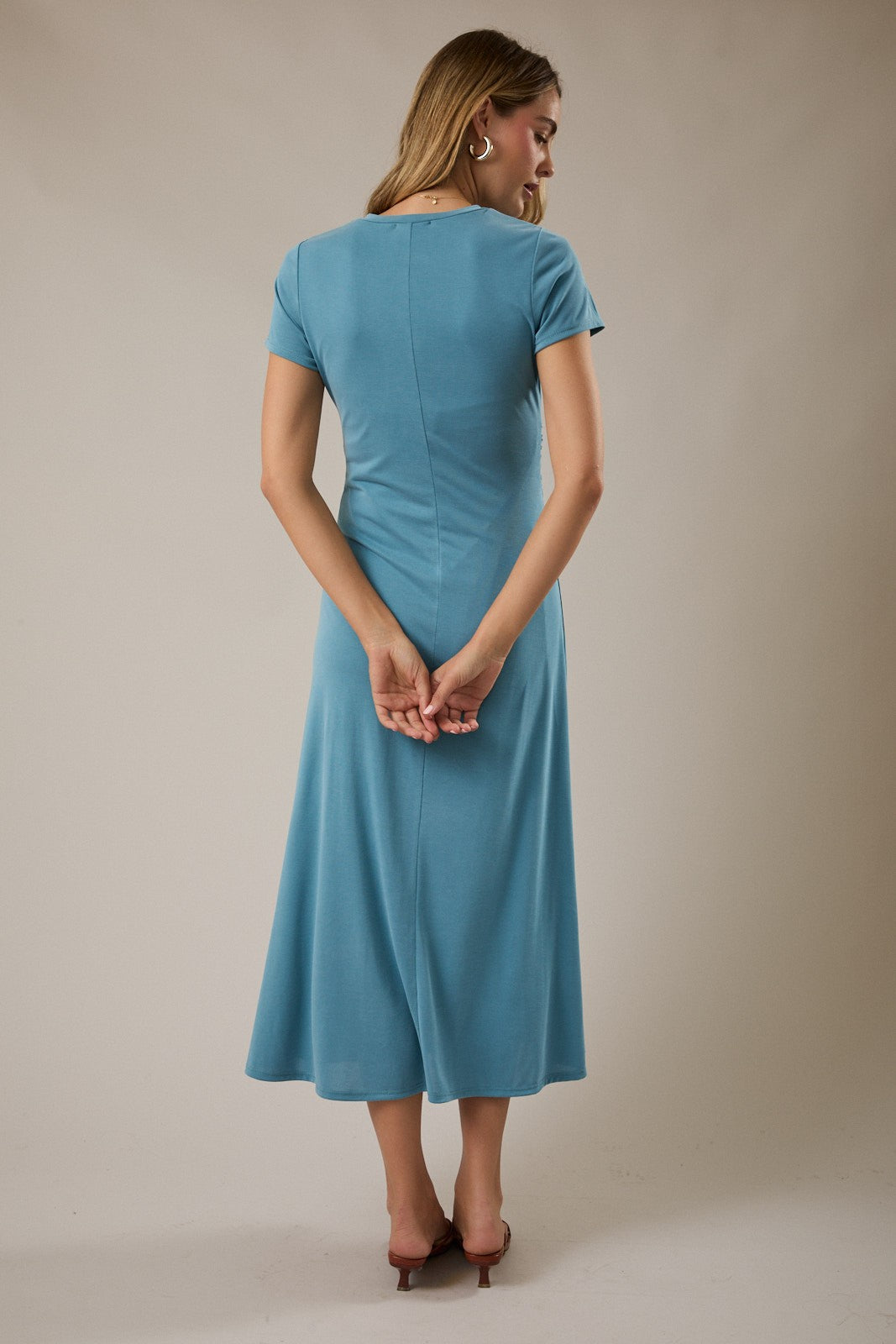Blue Short Sleeve Ruched Midi Dress
