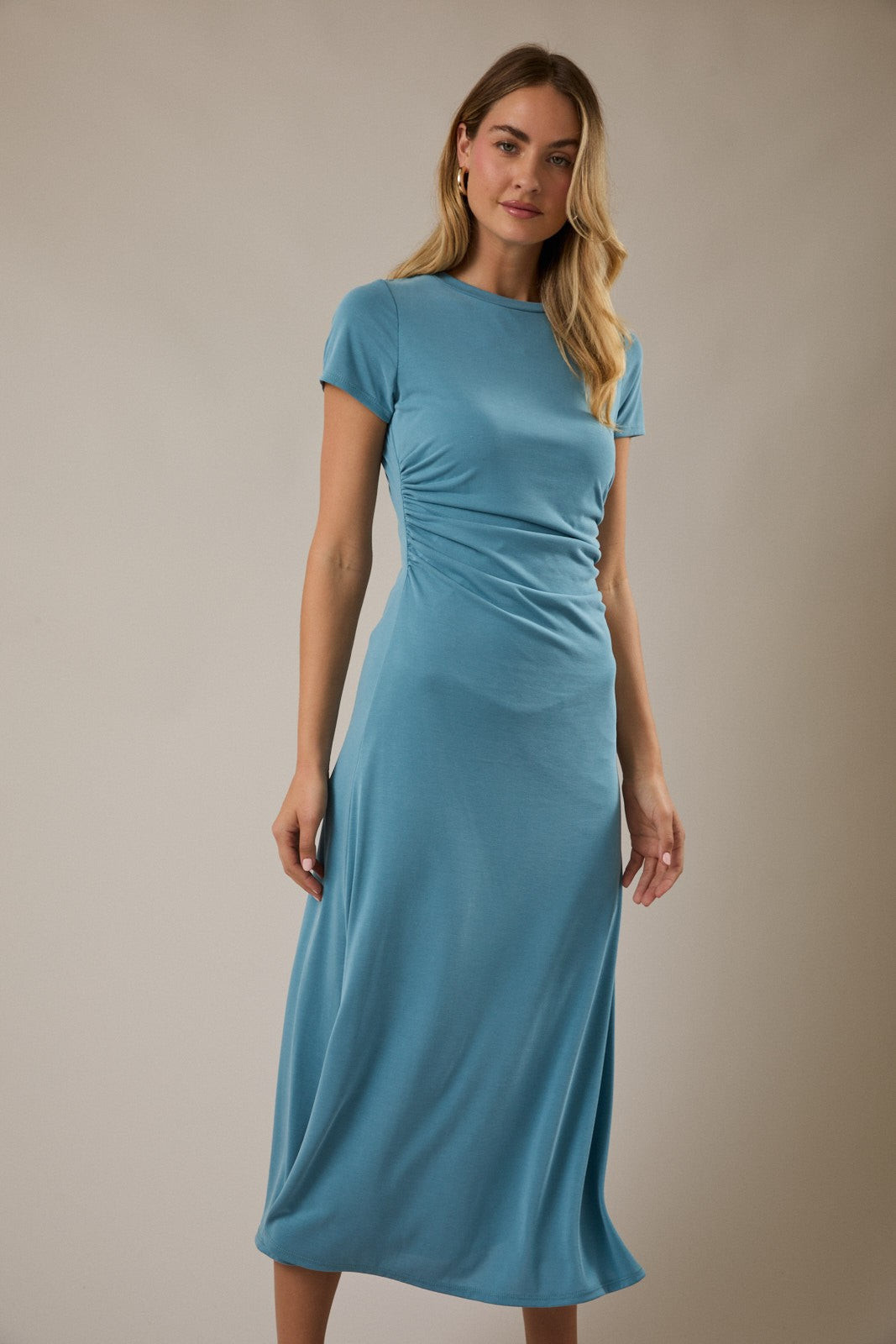 silk ruched midi dress Blue Short Sleeve Ruched Midi Dress